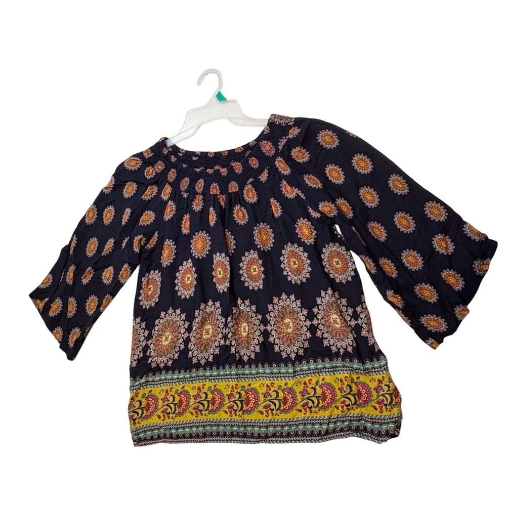 Japna Top Women's S Blue Boho Off Shoulder Medallion Print 3/4 Bell Sleeve Indie